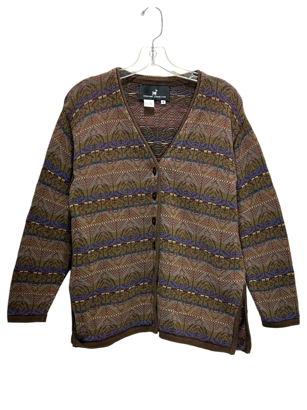 VTG Peruvian Connection Women’s Brown Fair Isle Pima Cotton Cardigan - Small